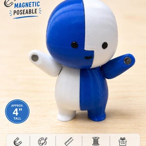 May include: A blue and white, poseable figurine with magnetic joints. The figure is approximately 4 inches tall and has a two-color design. The text "MAGNETIC POSEABLE" is above the figure.