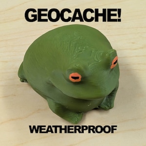 May include: A green frog-shaped geocache container with orange eyes. The text "GEOCACHE!" and "WEATHERPROOF" are printed in black above and below the frog. The container is on a light wood surface.