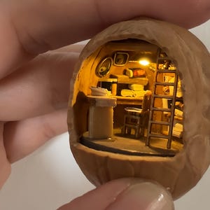 Miniature Walnut Shell Bookcase – Handmade Reading Room – Dollhouse – Unique Decoration with LED Light – Original Gift