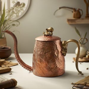 May include: A copper-coloured teapot with a textured surface and a long, curved spout. The handle and lid ornament are gold-coloured. The teapot is on a white surface. The teapot has a unique design, suitable for kitchen decor.
