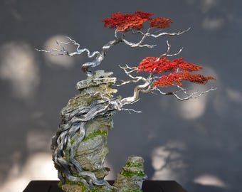 Red Aluminum Wire Miniature Zen Bonsai - Scarlet Awakening - Tree of Life Sculpture - Zen Decoration - Handcrafted Tree with Rock and Moss