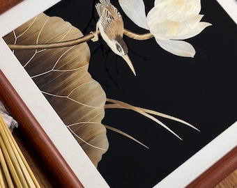 Handmade Straw Art Picture - Natural Flower and Bird Decoration, Customizable Craft, Unique Gift for Traditional Interior