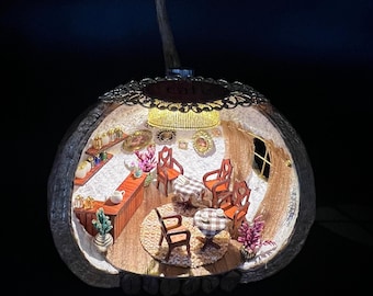 Miniature Coffee House in a Natural Fruit Shell – Handmade Miniature Diorama, 1:64 Dollhouse, Handcrafted Decoration, Personalized Gift