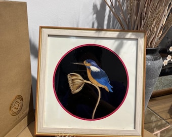 Handmade Wheat Straw Marquetry Picture – Bird on Lotus – Customizable Nature Wall Art – Original Gift Idea – Unique Decoration