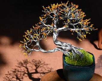 Bonsai "Autumn Breeze" – Metal Wire Sculpture with Ceramic Pot – Double Trunk – Handmade Zen Art – Home & Office Decor