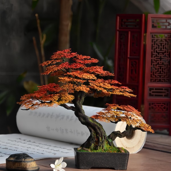 Red Maple Aluminum Wire Bonsai – Zen Decoration, Handmade Artificial Bonsai, Miniature Tree, Autumn Decor, Customizable Gift