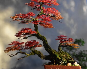Small handmade red bonsai tree made from aluminum wire | Miniature decorative tree | Minimalist zen decor for home office | Original handmade gift