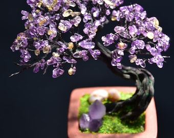 Handmade amethyst bonsai, miniature aluminum wire tree, zen decoration, spiritual gift idea, personalized wellness gift