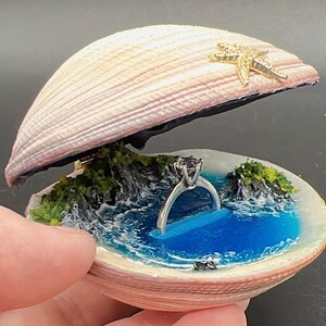 May include: A ring with a dark stone set in a silver band, displayed inside a hinged seashell. The interior of the shell features a miniature landscape with blue resin water, rocky cliffs, and green moss. A gold-toned starfish sits on the shell lid.