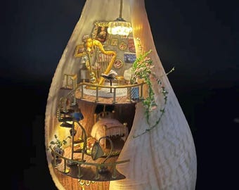 Handmade Miniature House in a Natural Shell - Marine Sculpture with LED Light - Unique Decorative and Customizable Gift