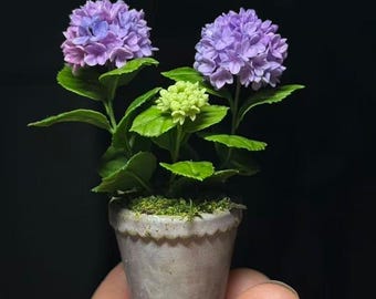 Miniature Hydrangea – Realistic Miniature Flower – Miniature Potted Plant – 1:12 Dollhouse Decoration – Handmade – Customizable