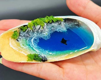 Seashell Marine Decoration – Mini Resin Ocean Landscape, Tropical Island, Miniature Beach, Nautical Art, Customizable Original Gift