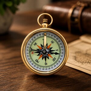 May include: A gold-colored compass with a white and green face, featuring black and orange directional markings. The compass is set on a wooden surface, with a leather-bound item in the background. The compass measures direction.