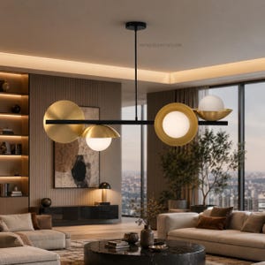 Modern Brass Linear Chandelier Light Fixture, Mid Century Modern Pendant Lighting, Luxury Gold Black Ceiling Lamp for Dining Room Kitchen