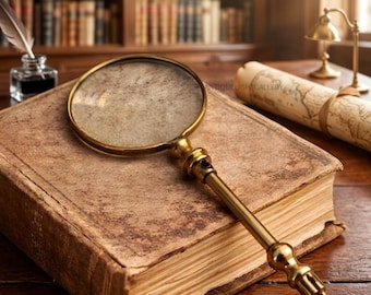 Lupa de mano de latón vintage – Lente de lectura de estilo antiguo, accesorio decorativo de escritorio, herramienta clásica para la oficina y el estudio. Regalo ideal.