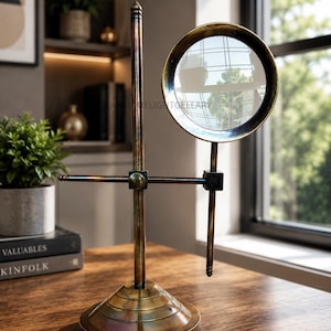 Op de afbeelding: Een vintage messing vergrootglas op een standaard. De ronde lens wordt vastgehouden door een messing frame en is bevestigd aan een verticale staaf. De basis is cirkelvormig en gelaagd. Het vergrootglas staat op een houten oppervlak.