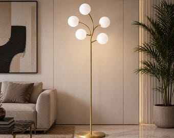 Modern Brass Floor Lamp with 5 Globe Lights – Mid Century Stilnovo Style Gold Standing Lamp, Minimalist Tree Floor Light for Living Room.