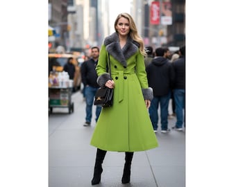 Long manteau vert en laine mélangée pour femme avec col en fausse fourrure - Trench d'hiver élégant, pardessus formel ceinturé
