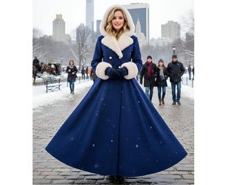 Elegant Winter Coat with Hooded Fur Trim | Long Wool Coat for Women | Classic Navy Blue Coat | Perfect for Winter Weddings & Formal Events