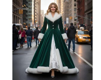 Emerald Green Velvet Maxi Coat with Faux Fur Trim | Holiday Outerwear