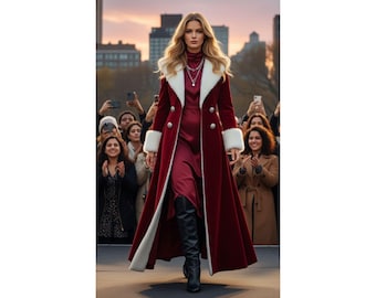 Red Velvet Coat with Faux Fur Trim - Elegant Winter Statement Piece