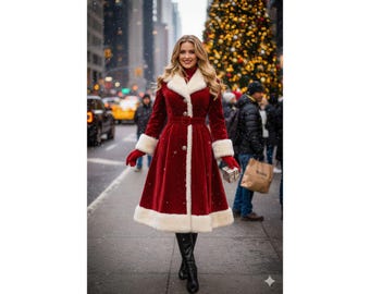 Damen Samt-Roter Weihnachtsmantel mit Kunstpelzbesatz - Elegante Urlaubsoberbekleidung
