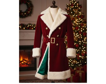 May include: A burgundy velvet coat with white faux fur trim and cuffs, displayed on a mannequin. The coat features a double-breasted design with gold buttons, a matching belt with a gold buckle, and a green satin lining. A festive holiday garment.