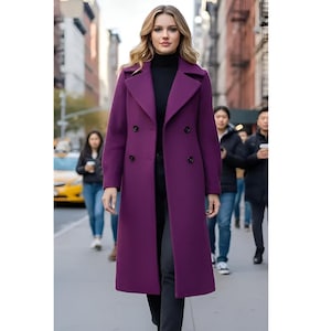 Elegant Plum Purple Wool Coat for Women | Double Breasted Long Winter Coat | Classic Tailored Overcoat | Stylish Cold Weather Outerwear