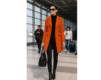 Women’s Burnt Orange Double Breasted Wool Blend Coat | Elegant Tailored Winter Overcoat | Chic Travel & Office Outerwear
