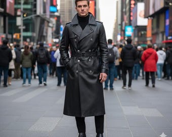 Handmade Black Leather Trench Coat | Men's Double-Breasted Overcoat