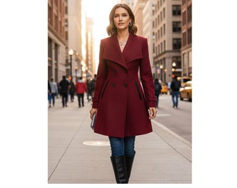May include: A burgundy double-breasted coat with a wide collar and black trim. The coat is knee-length and worn with blue jeans and black boots. The background shows a city street with pedestrians and buildings.