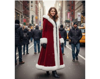 May include: A long, red velvet coat with white faux fur trim and a hood. The coat is worn over a dark outfit, with black gloves and boots. The scene is set on a city street with people and yellow taxis in the background, and snow falling.
