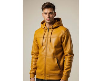 Mosterdgele leren herenhoodie met capuchon – casual winterbovenkleding met rits