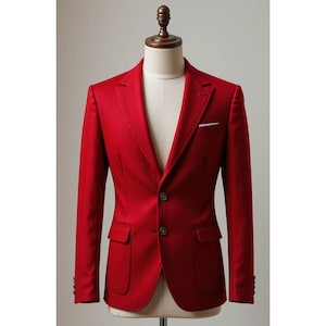 Puede incluir: Un blazer rojo vibrante exhibido en un maniquí. El blazer presenta un cierre clásico de dos botones, dos bolsillos delanteros y un bolsillo en el pecho con un pañuelo blanco. Las mangas tienen puños abotonados. La chaqueta está entallada y tiene un diseño elegante y moderno.