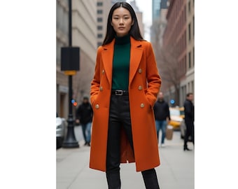 Elegant Orange Wool Coat - Double Breasted Winter Outerwear
