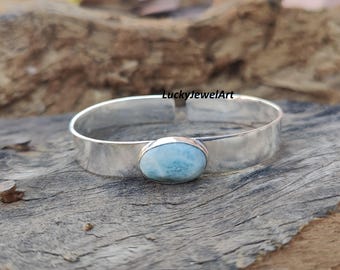 Handmade Larimar Bangle, 925 Sterling Silver Gemstone Jewelry