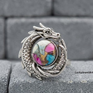 Dragon Cotton Candy Turquoise Ring, 925 Sterling Silver, Wedding Gift, Statement Gemstone Jewelry,