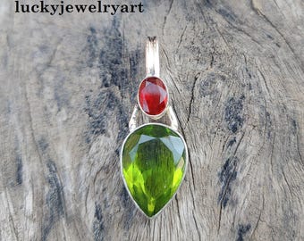 Peridot &Garnet Pendant, Handmade 925 Sterling Silver,Gemstone Jewelry, Anniversary Gift,