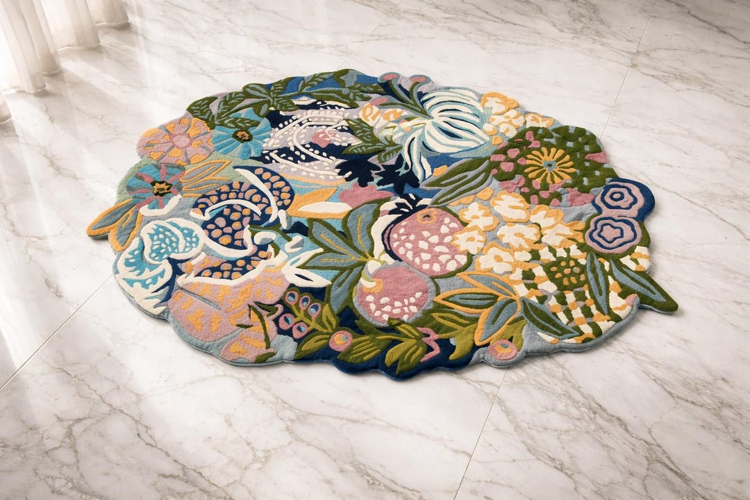 Hand Tufted Floral Area Rug, Modern Botanical Wool Rug, Abstract Flower ...