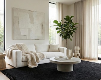 Carpette en laine noire tissée à la main à pampilles | de salon en laine de qualité supérieure | de sol minimaliste moderne | Élément décoratif en laine texturée douce