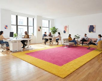 Modern Colorblock Tufted Rug – Pink & Mustard Border Carpet, Soft Geometric Area Rug for Living Room Decor,Handmade Contemporary Home Accent