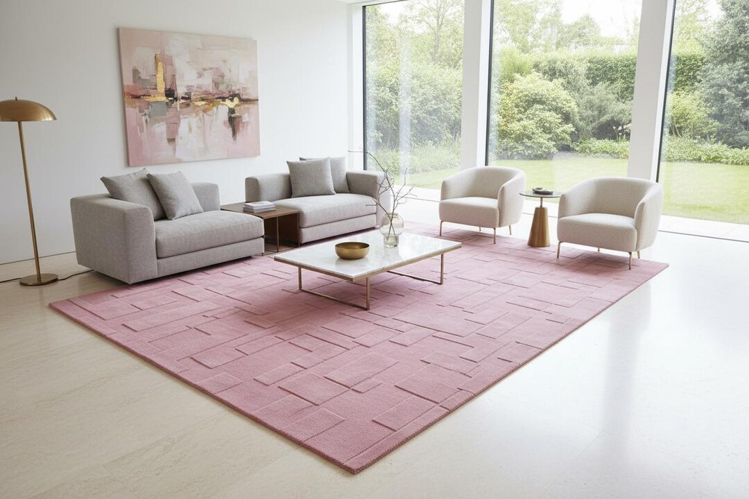 Hand Tufted Pink Wool Rug – Modern Geometric Area Carpet, Luxury Soft ...