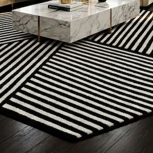 Modern Black & White Geometric Striped Rug | Luxury Tufted Area Carpet for Living Room | Minimalist Home Decor | Designer Accent Floor Rug.