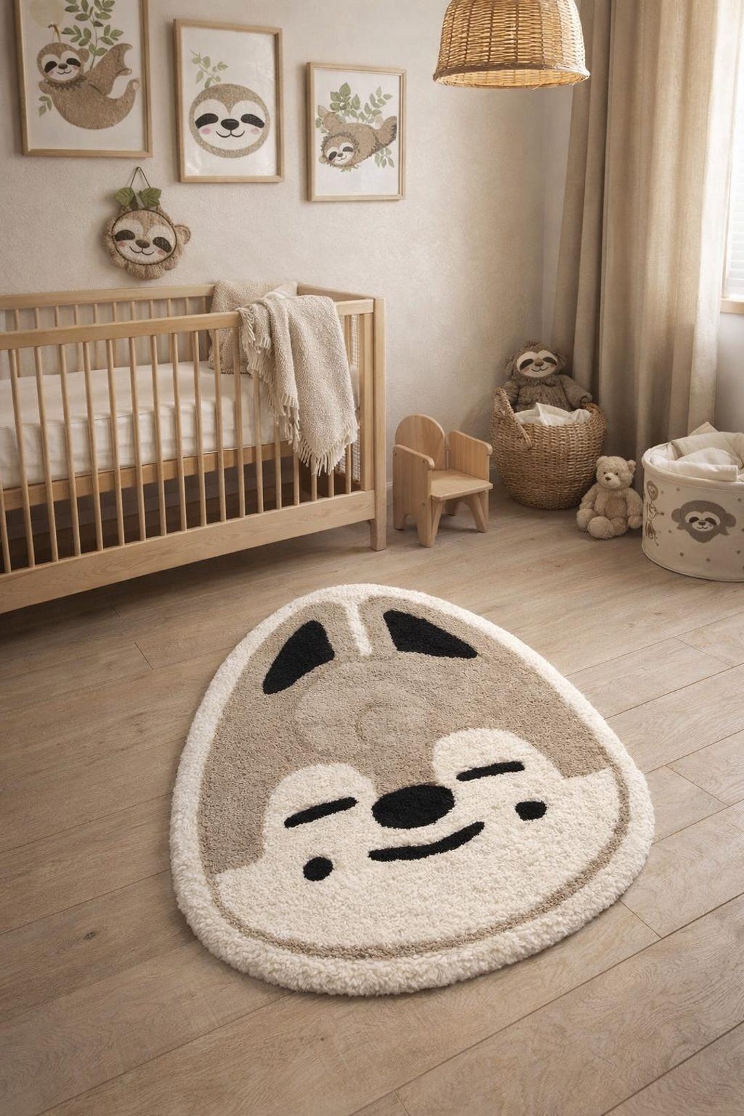 Cute Sloth Face Tufted Rug – Handmade Kids Nursery Carpet, Soft Neutral ...