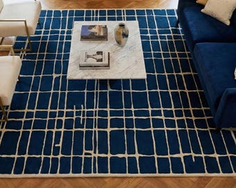 Handtuftad marinblå rutmatta – Modern abstrakt geometrisk ullmatta, minimalistisk matta för vardagsrum och sovrum