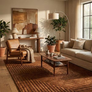 Puede incluir: Un salón acogedor con una alfombra marrón geométrica, un sillón de cuero y un sofá beige. La habitación está decorada con plantas en macetas, una mesa de centro de madera y una pintura abstracta. La luz natural entra por la ventana.