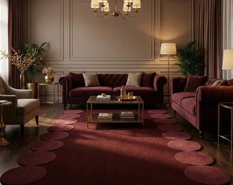 Modern Burgundy Tufted Rug with Sculpted Circle Border – Luxury Handmade Statement Area Rug for Contemporary Interiors