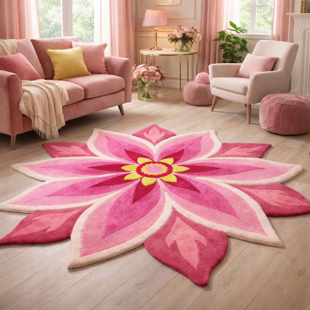 Hand Tufted Floral Area Rug – Lotus Flower Shaped Wool Rug, Modern Boho ...