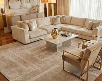 Alfombra geométrica de lujo de seda y lana con mechones: moderna alfombra beige hecha a mano, minimalista y afelpada.