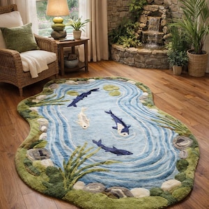 Pode incluir: Um tapete oval com um design de lagoa. O tapete apresenta uma lagoa azul clara com ondas azuis escuras e carpas koi. A lagoa é delimitada por grama verde e pedras, criando uma estética serena inspirada na natureza.